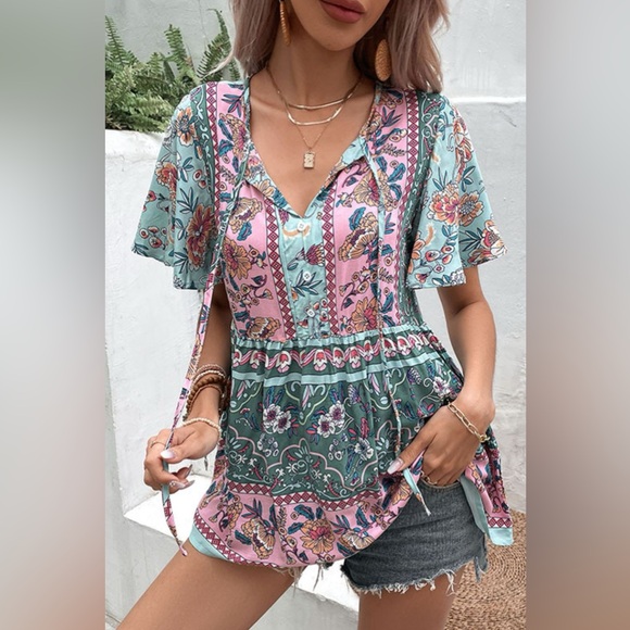 Bohemian Tie-Neck Flutter Sleeve Blouse - Picture 1 of 4
